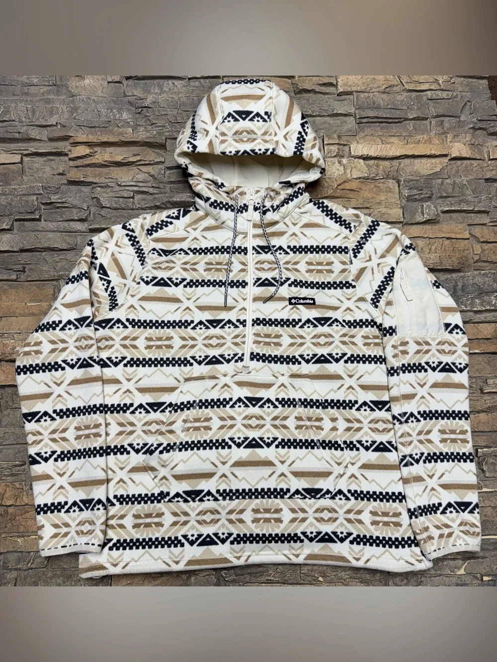 Columbia Sweater Weather Hooded Jacket Women XL Cream Aztec Print Fleece Pullove